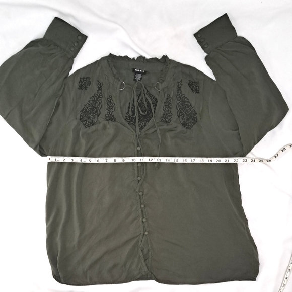 TORRID Green Challis Tie Front Top with Paisley Embroidery - Picture 5 of 14